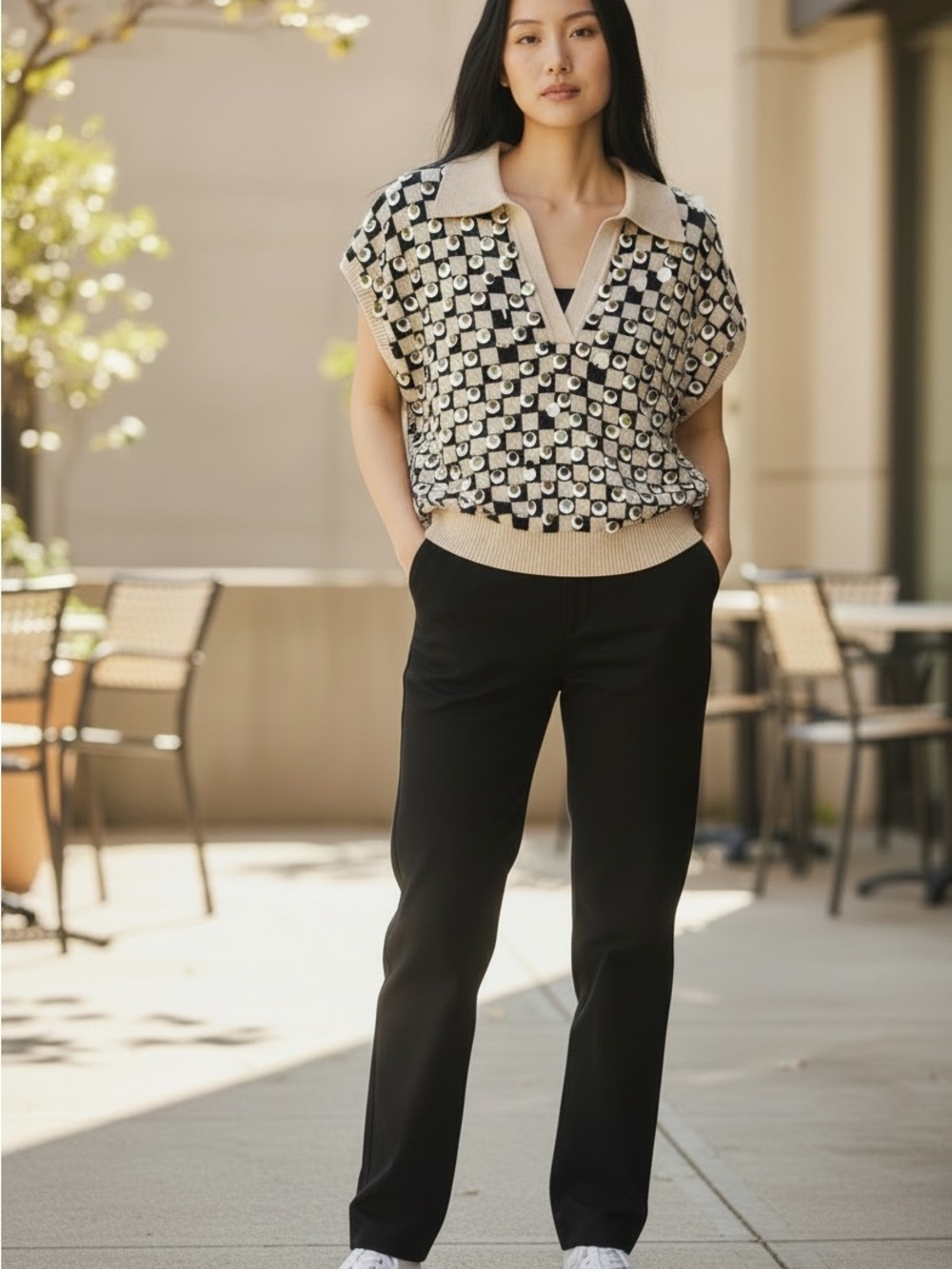 J. Crew Black & Cream Sequin Checker Polo Sweater Vest size XS
